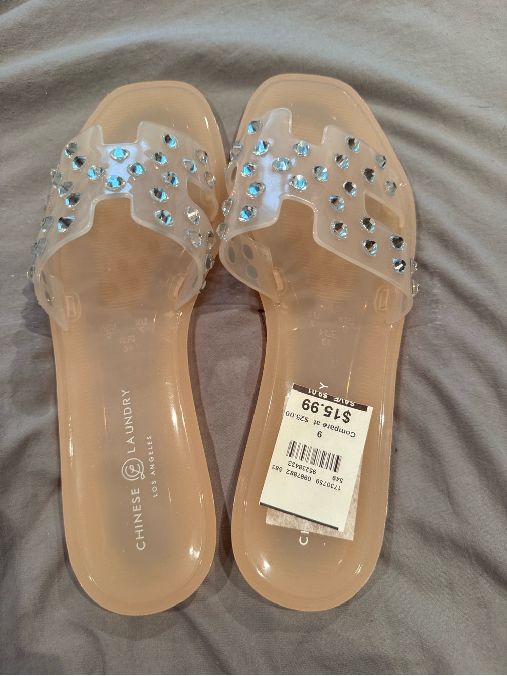 Chinese Laundry Clear Nude Jelly Slide Sandals with Sparkling Rhinestones